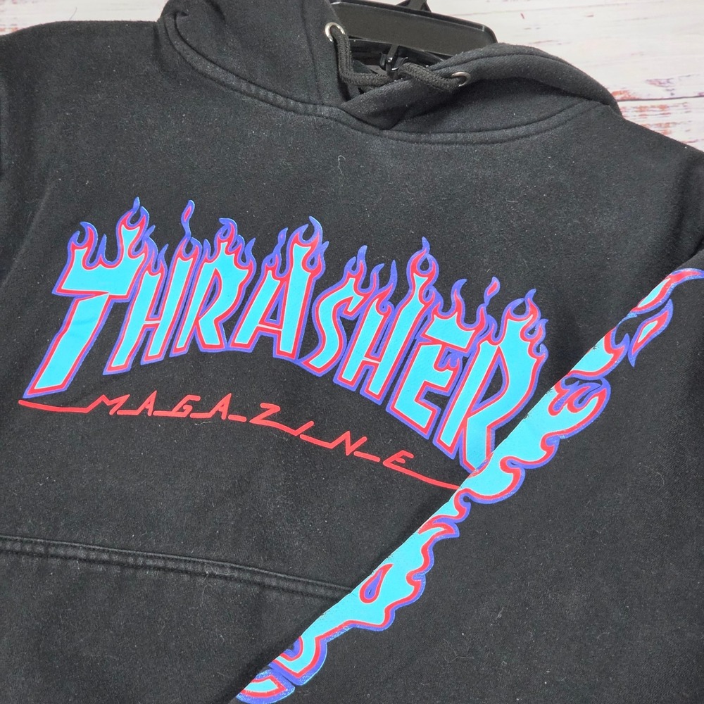 Thrasher Magazine Flame Logo Hoodie Mens Medium Black Sleeve Graphic Pullover